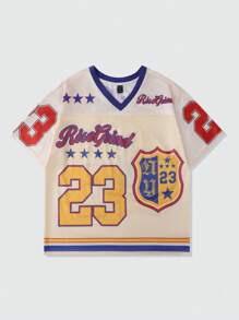 ROMWE MEN Prep Men's Mesh Patchwork Sports Short Sleeve Football Jersey Style T-Shirt, Athletic Jersey - Beige - View 1