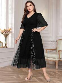 Modelyn Plus Size Elegant Embroidered Mesh Patchwork Dress - Black - View 3