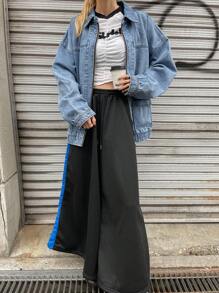 FRIFUL Women's Autumn Dropped Shoulder Long Sleeve Zipper Front Casual Denim Jacket