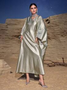 Al Najma 女士纯色 V 领蝙蝠长袖金属色连衣裙 - 綠色 - 查看 4