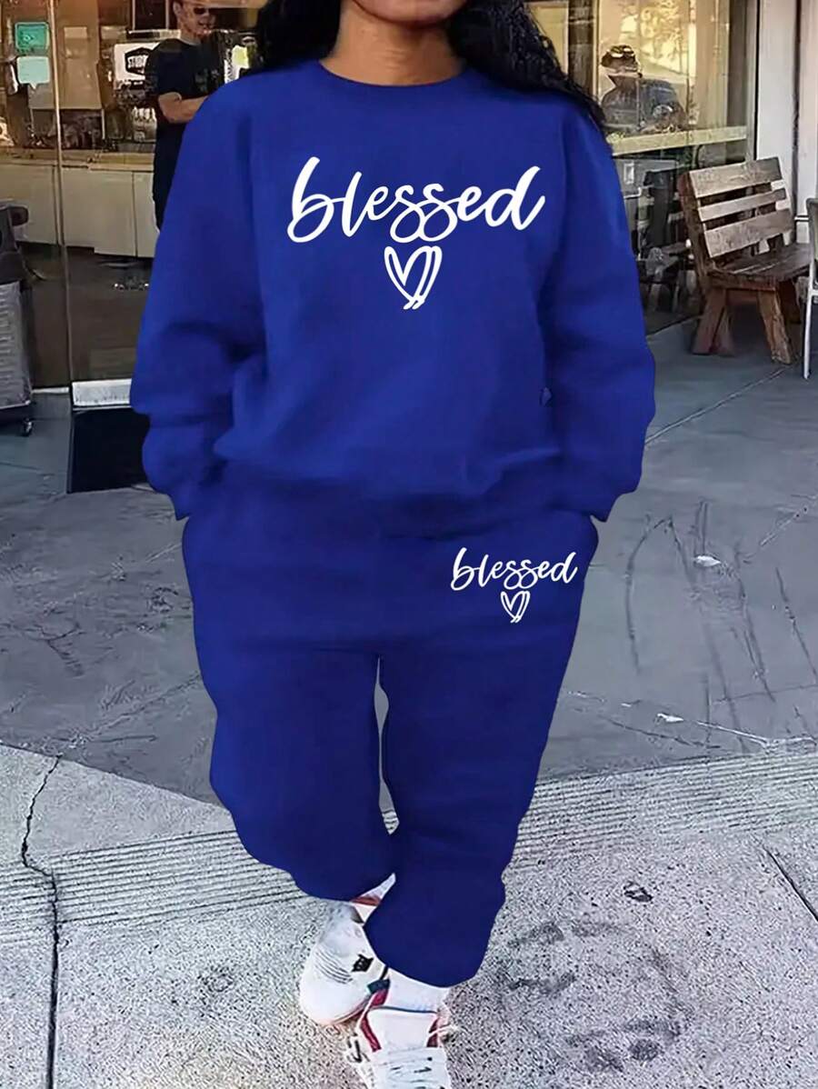 INAWLY Plus Size Heart & Letter Print Sweatshirt And Sweatpants Set - Blue - View 1