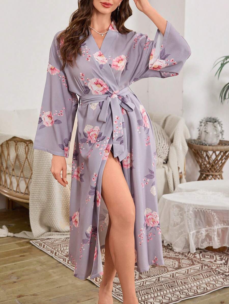 Bubble & Floral Print Long Robe, Minimalist & Fashionable For Casual Daily Use - Multicolor - View 1