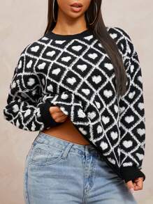 SHEIN SXY 黑白心形装饰休闲时尚针织上衣，适合情人节