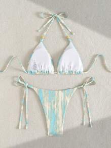 Swim Mod 2 Pieces Summer Women Textured Fabric Spaghetti Strap Bikini With Beaded Decor & Tie Side Shorts Sexy Cute Beach Swimwear Sets - Multicolor - View 2