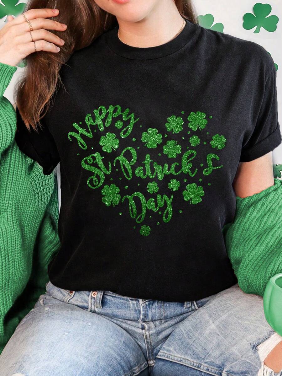 SHEIN Unity St. Patrick's Day Happy Clover Heart Letter Print Casual Crew Neck Short Sleeve T-Shirt - Black - View 1