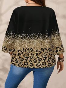 EMERY ROSE Blusa de manga 3/4 con cuello redondo, de corte holgado, con estampado completo de leopardo y lámina dorada para mujer de talla grande
