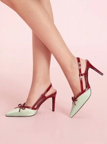 CUCCOO DOLLMOD Red & Green Color Block Pointed Toe Stilettos, Elegant Sweet Princess Lady Classic Vintage Color Contrast Red Bow Patchwork Green Satin Women's Mule Party Dress Shoes, St. Patrick's Day Valentines