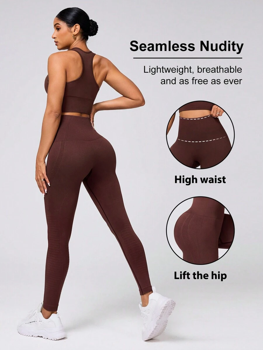 Women's Casual Round Neck Sleeveless Top And Long Pants Sports Suit Set Gym Set Workout Women Setwomen Workout Set - Coffee Brown - View 1