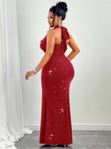 SOLERSUN Women's Solid Color Halter Cowl Collar Sparkly Slim Fit Mermaid Emerald Dress Formal,Suitable For Vacation & Dating - Red - View 3