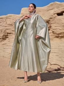 Al Najma 女士纯色 V 领蝙蝠长袖金属色连衣裙 - 綠色 - 查看 1