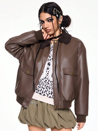 ROMWE Avant Downtown Girl Women's Long Sleeve PU Baseball Jacket With Fur Collar, Autumn/Winter