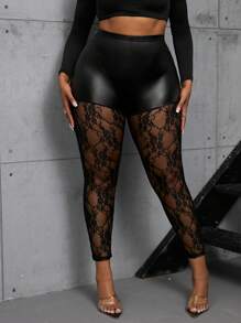 Maweii Leggings transparentes con parches de encaje y piel sintética para mujer talla grande