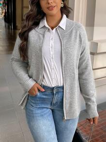 Calvaya Plus Size Casual Gray Cardigan Sweater, With Zipper Design For Easy Wear, Loose & Comfortable Silhouette. Neutral Tone Fits Versatile Occasions, Suitable For Graduation, Holiday, Music Festival, Mother's Day, Halloween, New Year, Valentine's Day, Thanksgiving, Christmas, Easter, National Day, Party, New Year's Eve, For Winter - Light Grey - View 1