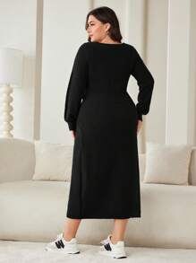 Mulvari Robe pull à manches lanterne de couleur unie, grande taille, style casual pour l'automne/l'hiver - Noir - Voir 2