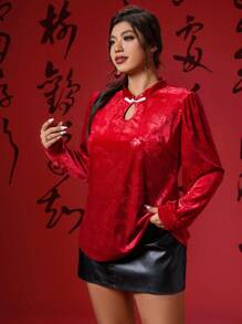SHEIN Unity Plus Size Women's Elegant Chinese Style Velvet Shirt, Sweetheart Neck, Contrast Color Button, 3D Jacquard, Red Velvet, Chinese New Year, Holiday - Red - View 6