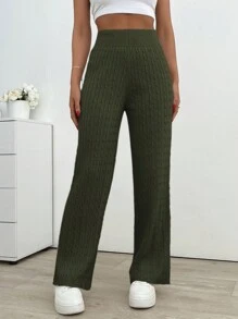 RueChic Women Autumn/Winter High Waist Straight Cable Knit Ribbed Pants - Army Green - View 5