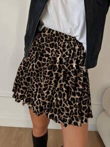 Siren Gaze Women's Leopard Print Ruffle Hem Mini Skirt, High Waist Pleated Skirt, Sexy Ballet Style Skirt, Party Skirt, Street Fashion, Autumn/Winter Skirt, Leopard Skirt, Mini Skirt, Back To School Skirt, Autumn Clothing, Mini Skirt, Concert Cheetah Casual