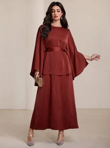 Graceveil Elegant Satin Collar Cape-Style Arabian Dress For Women, Spring/Summer Modest - Rust Brown - View 4