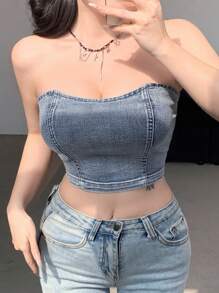 DAZY 女士拉链后背抹胸简约牛仔休闲度假衬衫 - 中等水洗藍 - 查看 1