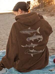 INAWLY Retro Hammerhead Shark Hoodie, Men's Sports Sweatshirt With Ocean Life Pattern, Gift For Shark Lovers, Nature Inspired Shirt - Brown - View 1