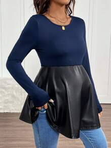 SHEIN Maternity Casual Colorblock Patchwork Cinched Waist T-Shirt, Autumn - Navy Blue - View 1