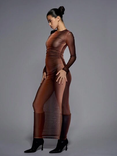 knee length dresses for ladies Chicago Ombre Mesh Long Sleeve Maxi Dress + Side Slit Avocado / Medium main image 1