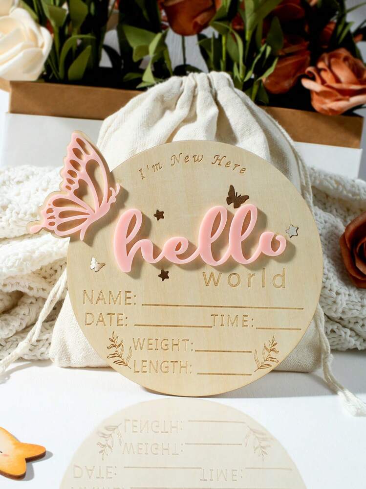 SHEIN Cartello di annuncio di nasca Hello World, decorazioni a farfalla in legno, cartello con nome neonato come regalo per doccia per bebè o ospedale | SHEIN ALIA