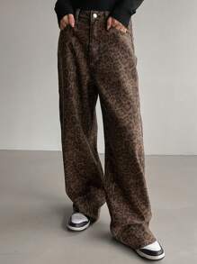 DAZY 女式前扣口袋豹纹休闲牛仔裤，简约