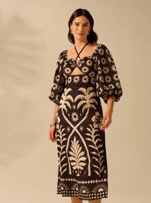 CAJUNI Đầm xanh dài vừa tay bồng, họa tiết Boho cho nữ, hoa nhiệt đới, mặt trời, họa tiết cây dừa, dây buộc rỗng, thường ngày mùa hè, váy đi biển - màu đen - Xem 5