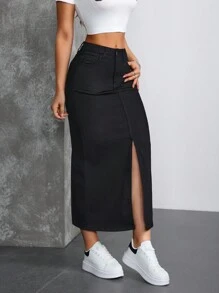 SHEIN Essnce Falda vaquera de línea A con bolsillo delantero liso, botones y bajo con abertura casual para mujer