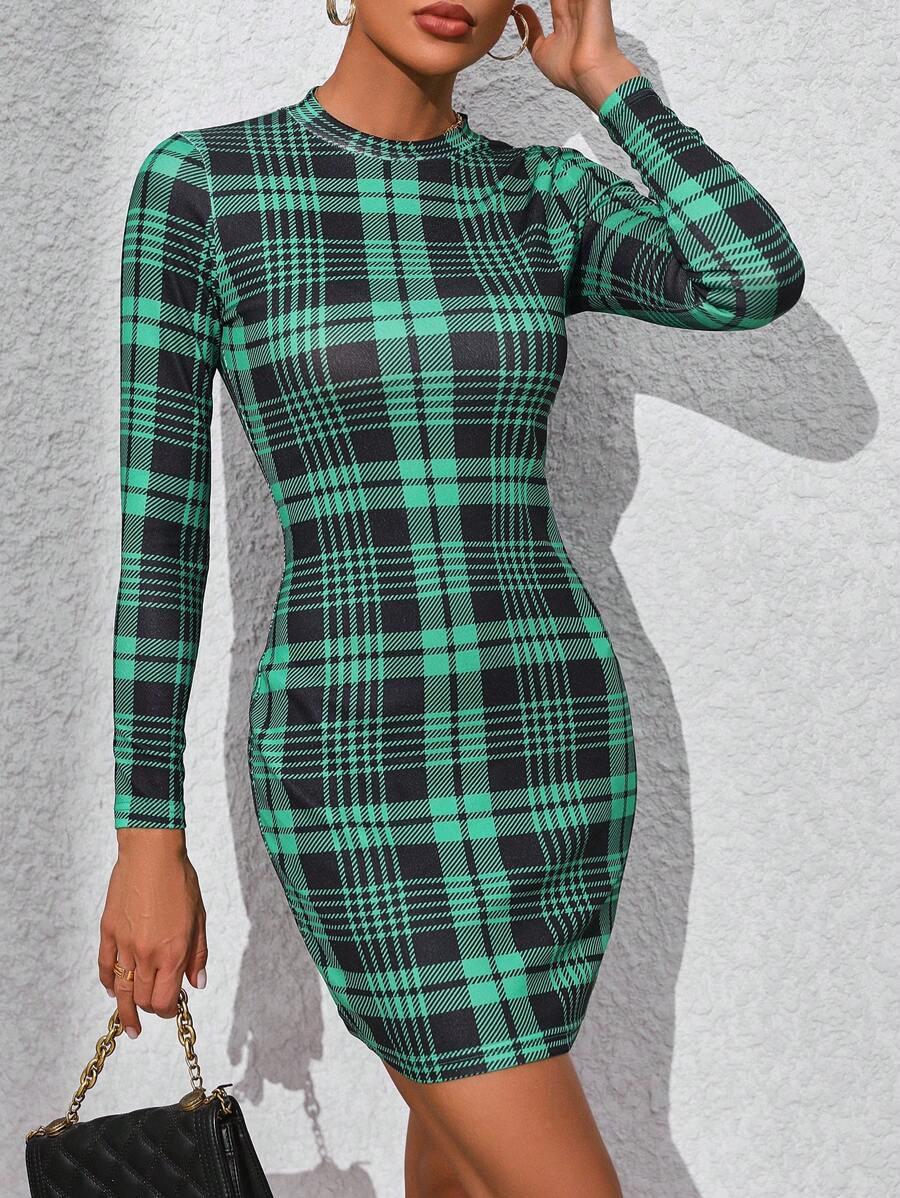 SHEIN Clasi 1pc Women Plaid Print Round Neck Pleated Elegant Long Sleeve Dress For New Year Clothes - Multicolor - View 1
