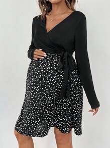 SHEIN Maternity Nursing Dress With Heart Print Patchwork, Wrapped Ruched Waist, Elegant - Black - View 4