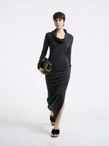 SHEIN LUNE 女士特殊领口简约针织连衣裙，带侧开衩 - 灰色 - 查看 4