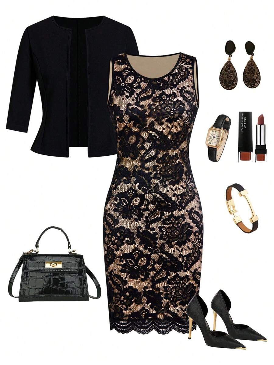 Ellevyn 2 Pieces Set: Black Fitted Mid-Sleeve Jacket + Lace Sleeveless Short Midi Fitted Dress For Women Office Wear Women Work Clothes Women Business Casual