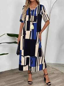 SHEIN LUNE Women's Geometric Print V-Neck Short Sleeve Maxi Casual Dress