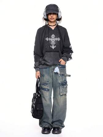 ROMWE Avant Women's Retro Y2K Cross & Lily Flower Embroidery, Rhinestone, Gradual Color Snowflake Print Fabric Hoodie