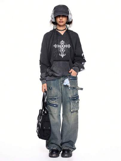 ROMWE Avant Women's Retro Y2K Cross & Lily Flower Embroidery, Rhinestone, Gradual Color Acid-Washed Fabric Hoodie