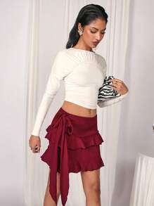 COSMINA Women's Solid Color Side Knot Ruffle Hem Mini Skirt - Burgundy - View 1
