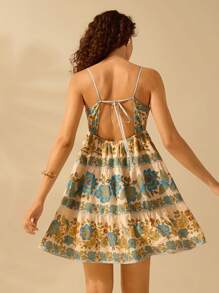 CAJUNI Vrouwen Boho Tropische Vogel & Bloemenprint Vakantie Casual Zomer Strand Mouwloos Vetersluiting Rugloos Korte Jurk