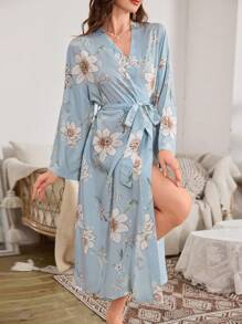 Mid-Length Floral Print Robe With Ruched Detail - Multicolor - View 3