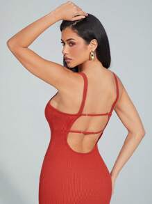 Denimoi Solid Rib Knit Open Back Midi Dress With Side Slit - Rust Brown - View 5