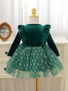 Glamorique Kids Christmas Baby Girl Green Tulle Gold Star Puffy Party Dress, Long Sleeve Velvet Ruffle Autumn/Winter Baby Girl Dress, Bowknot Front, Suitable For Daily, Stage Performance, Middle East & Europe - Dark Green - View 2