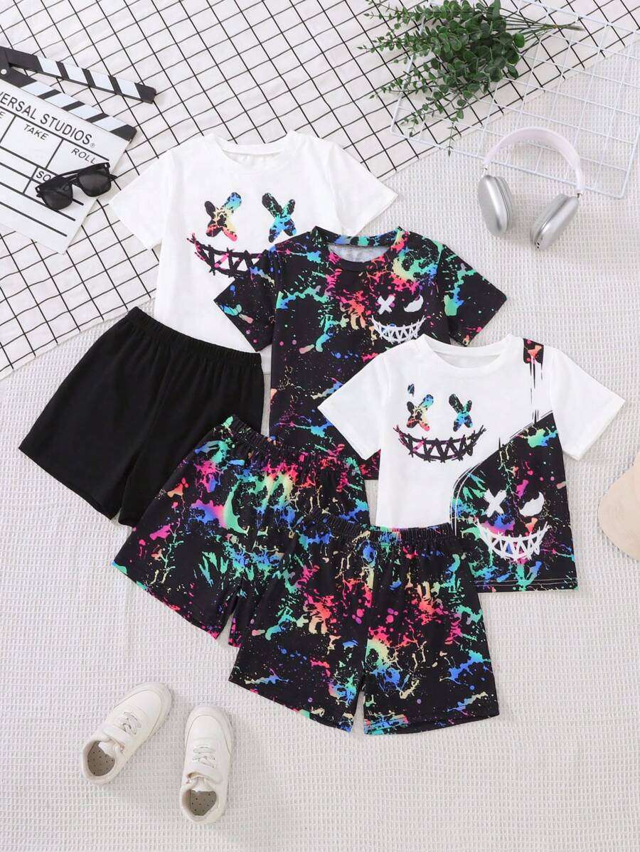 SHEIN 2 件装男童扎染图案印花短袖上衣和短裤套装