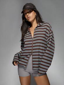 MISSGUIDED 设计师拉链前罗纹针织条纹毛衣夹克舒适宽松轻便半拉链套头衫秋冬休闲外套 - 彩色 - 查看 5
