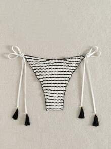 Swim Mod Textured Fabric Side-Tie Swimwear Bottoms For Women, Black & White, Summer Beach - Black and White - View 2