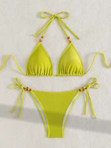 SHEIN Swim Pakaian Renang Liburan Musim Panas di Pantai untuk Wanita, Set Bikini Beludru Gaya Boho - Hijau - View 3