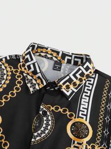 Manfinity Homme 男士前扣短袖链条印花休闲衬衫，日常穿着 - 黑色 - 查看 3