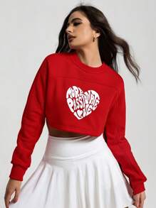 Menodora SHEIN Sport Women Heart Letter Print Round Neck Split Hem Long Sleeve Sports Sweatshirt For Valentine - Red and White - View 6