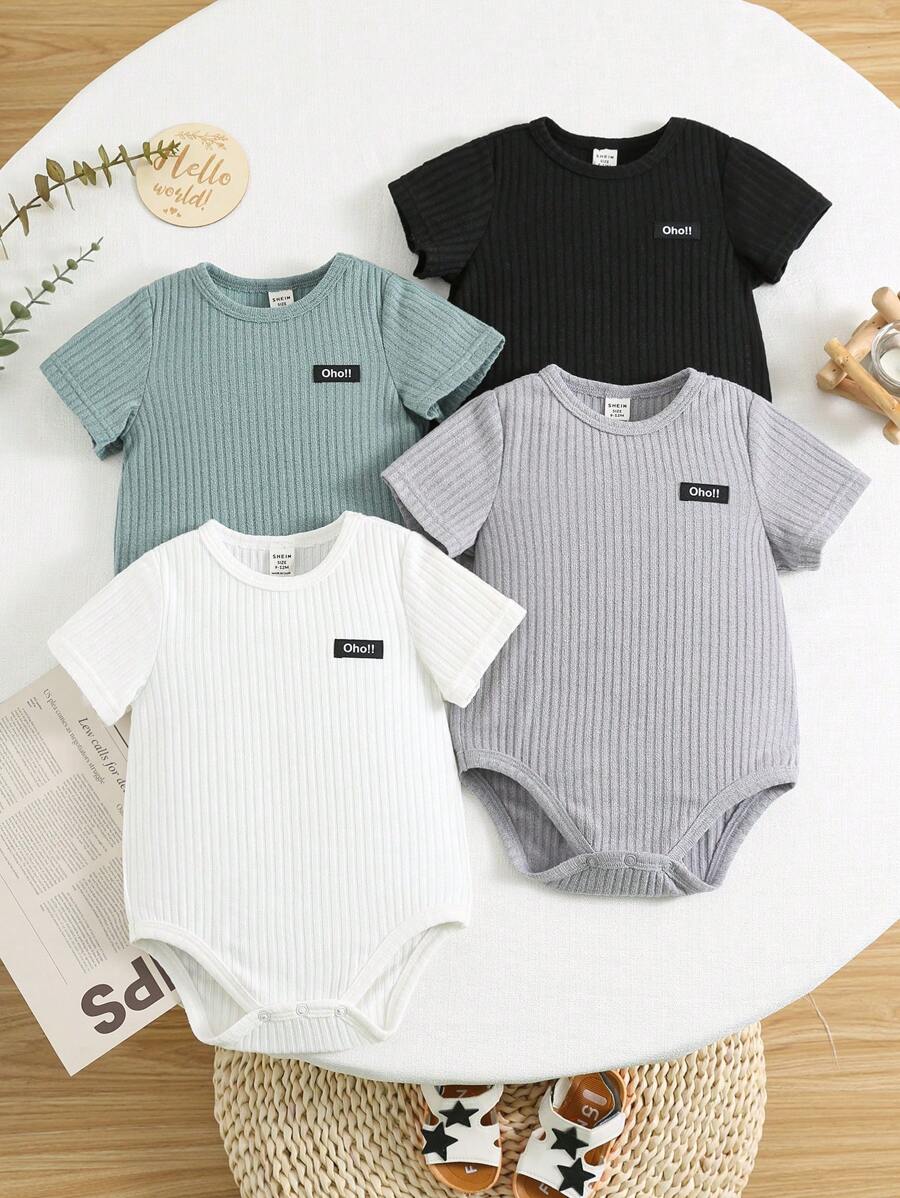 SHEIN 4pcs/Set Newborn All-Match Minimalist Snap Front Bodysuits, Casual Versatile For Everyday & Outings