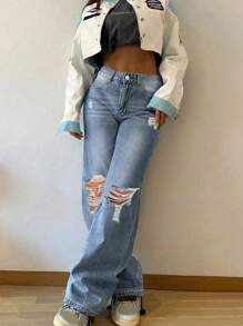 Women's Light Color Wash Stacked Casual Fashion Street Ripped Holes Pockets Straight Loose Jeans - 淺色水洗藍 - 查看 4